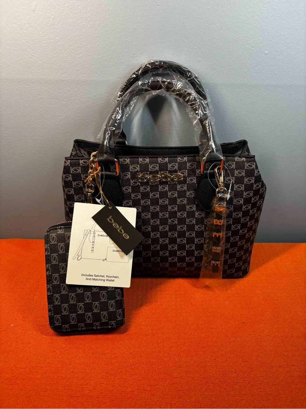 bebe Adele Black Logo Satchel with Matching Wallet and Gold Accents